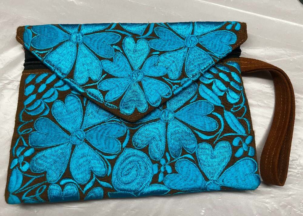 Handmade Mexican Floral Embroidered Envelope Clutch Wristlet